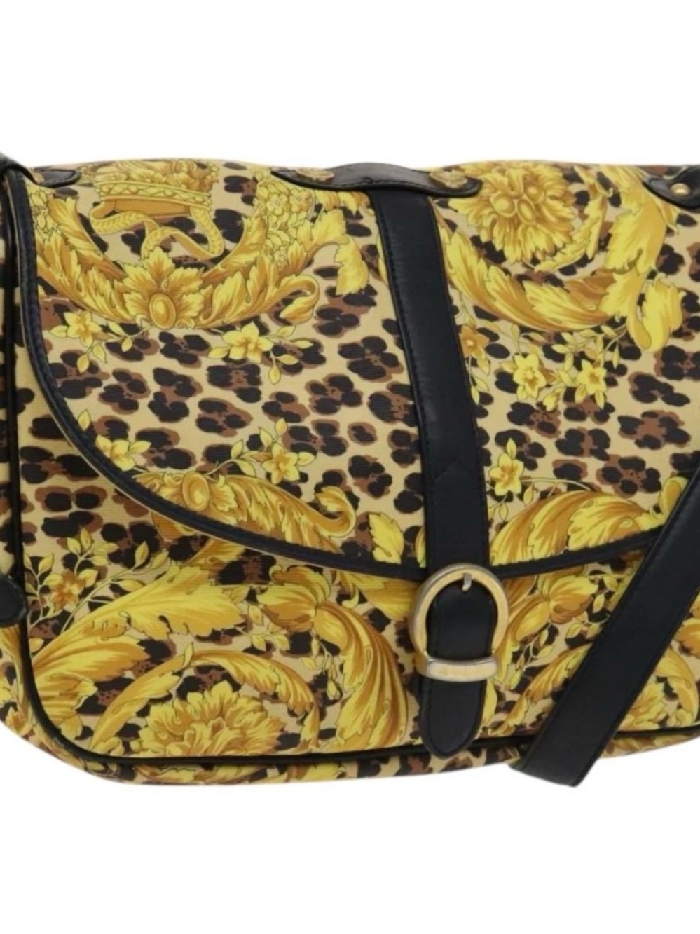 Authentic Black Strap Leopard & Baroque Versace Print Shoulder Bag-Two Sided